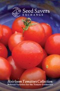 A bowl of red tomatoes with green stems in a blue bowl. Text reads, "Seed Savers Exchange. Heirloom Tomato Collection. Beloved Varieties for the Tomato Enthusiast."