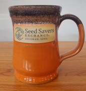 Orange coffee mug on wooden table.